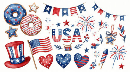 Obraz premium Watercolor American Independence Day patriotic elements set for Fourth of July.
