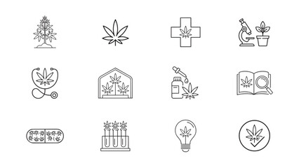 Fototapeta premium Cannabis cultivation and laboratory research line icon set with cannabis marijuana research
