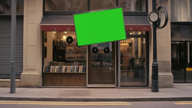 Vintage Record Store Facade with Hanging Green Screen Sign Mockup