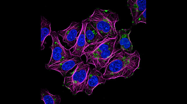 Microscopic view of glowing cancer cells in dark laboratory setting with fluorescent staining