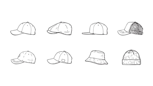 Set of assorted sports caps and headwear icons in simple line art with headwear clothing baseball