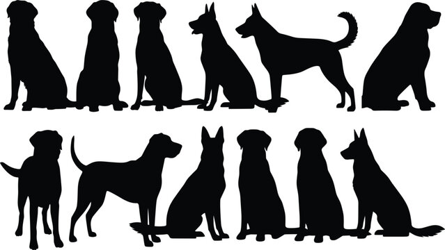 Dog breeds silhouette vector set containing black shapes of domestic pets labrador german shepherd sitting standing isolated graphic elementsDog breeds silhouette vector set containing black shapes of