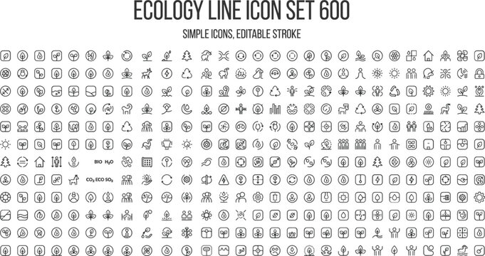 Ecology line icon mega set featuring simple outline environment nature recycling renewable energy sustainability interface graphic vector elementsEcology line icon mega set featuring simple outline en