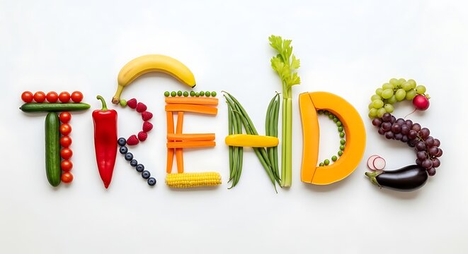 Food trends and healthy eating concepts with vegetable and fruit letters on a plain surface