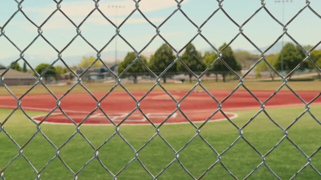 Shallow depth of field shot featuring a sharp chain link fence with an empty baseball diamond softly blurred behind it.