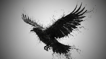 Obraz premium Black Ink Raven in Flight Made of Splashing Liquid, Dark Abstract Bird Art