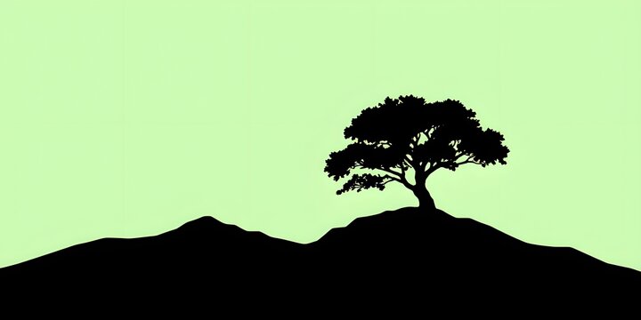 High-quality silhouette illustration of a black mountain landscape with a large flourishing tree featuring dense foliage, broad canopy, and organic branches.