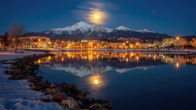 Bright full moon over snowy mountain peaks and lakeside city.