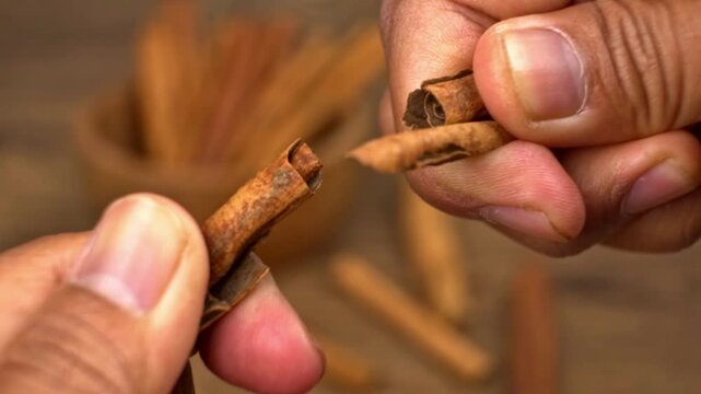 Close-up macro view of hands snapping a raw cinnamon stick breaking it into two pieces