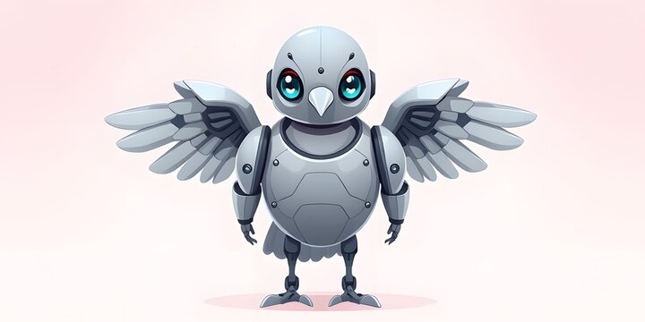 Professional cartoon illustration of a cute robotic pigeon in front-facing pose with sleek metallic body, glowing blue eyes, and mechanical details.