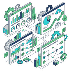 Naklejka premium Isometric green technology and smart infrastructure dashboard illustration showcasing sustainability monitoring and energy efficiency KPIs