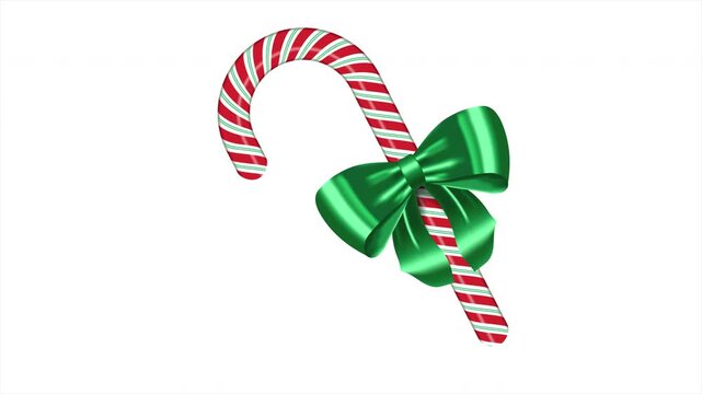 Red and white striped candy cane with bow animation. Realistic candy cane. Sweet stick for new year. Decoration sugar lollipop. 4K animation