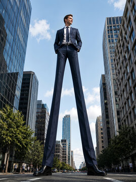 Surreal weird proportions concept featuring ordinary people with exaggeratedly long legs in everyday urban environments.