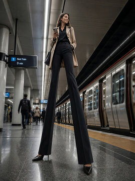 Surreal weird proportions concept featuring ordinary people with exaggeratedly long legs in everyday urban environments.
