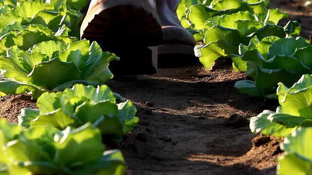 Green lettuce rows growing in a sunny field