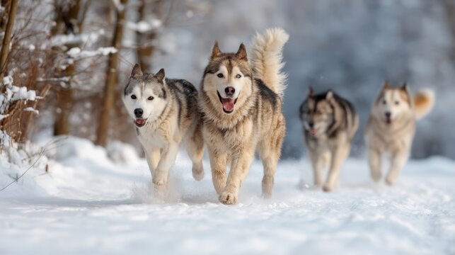 Siberian husky pack running through snowy forest trail