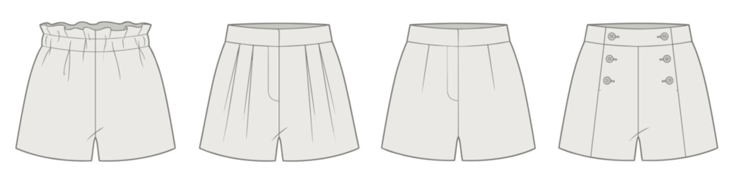 women's high-waist fashion pleated shorts technical drawing vector illustration. cad mockup. transparent background.