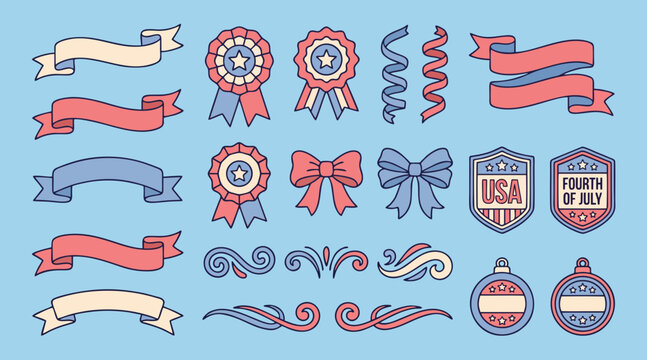 Patriotic vector graphic collection featuring american holiday ribbons rosettes bows and badges for festive design projects