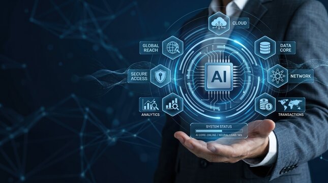 Businessman Holding Holographic AI Chip Interface, Central Processing Unit Icon, Cloud Computing Symbol, Database Core Storage, Global Reach Network Map, Secure Access Lock Key