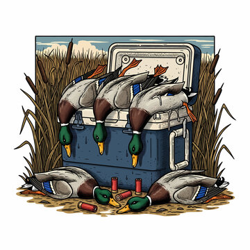 Vintage hand-drawn style illustration of a successful duck hunt with a cooler and shotgun shells.