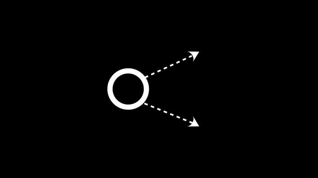 Abstract circle hub with two directional dashed arrows on a black background. Clean connection and data flow concept ideal for UI, network, and navigation visuals. 4k video