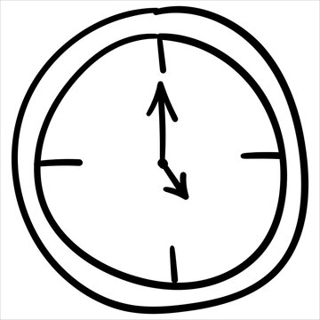 Hand drawn clock face hows 5 five o'clock doodle style. Ideal for time, deadlines, and scheduling concepts.