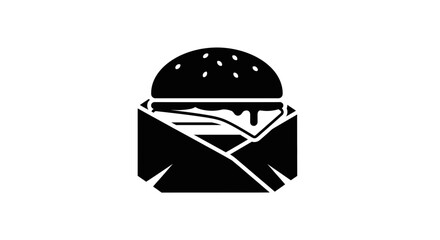 Fototapeta premium Hamburger wrapped in paper serves as a minimalist black icon representing fast food and quick meal services for modern menu design or culinary branding projects.