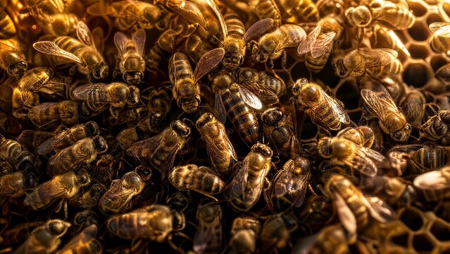 forager. A queen bee encircled by her swarm within a natural honeycomb at sunset. inspiring travel planning, wildlife magazines, designed for wildlife conservation campaigns.