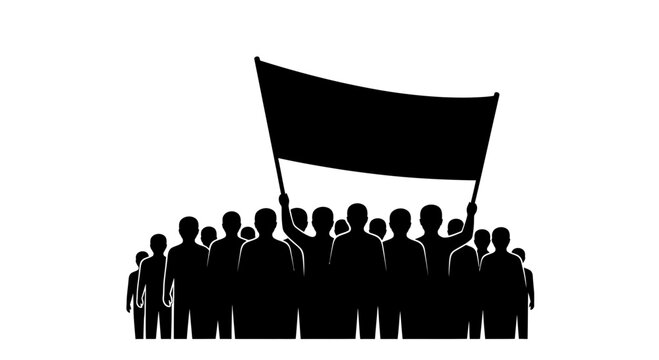 Crowd of people silhouette holding a blank banner represents group protest, public demonstration, or collective action in a stylized graphic format for social awareness campaigns.