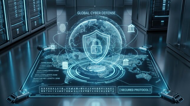 Futuristic global cyber defense system with holographic shield protecting world map in server room, representing advanced network security, data encryption