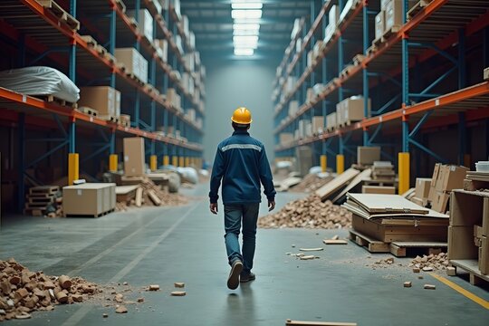 Navigating Chaos: A Lone Worker in a Hard Hat Tackles Safety and Productivity Amidst Construction Debris