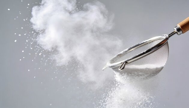 Metal sieve with wooden handle sifting white flour powder on gray background.