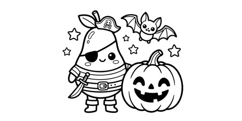 Fototapeta premium Chibi Pear with Eyepatch Line Art