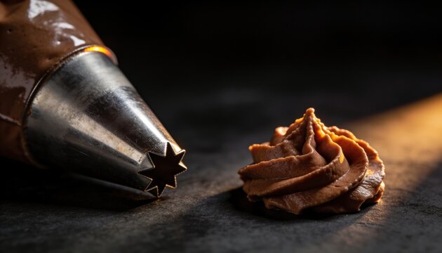 Metal piping nozzle with star-shaped tip and swirl of chocolate frosting on dark surface, baking and dessert decoration concept.