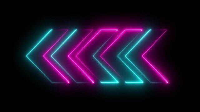 Neon arrow animation black background. Left direction rendering. neon arrow sign animation. Neon arrows with shining effects, highlights on a black background.