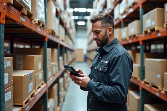Focused Warehouse Worker Scanning Barcode with Handheld Device Amidst Neatly Organized Shelves, Showcasing Precision and Efficiency
