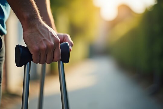 Close-Up of a Man's Hands Firmly Holding Crutches, Set Against a Blurred Sunny Sidewalk, Portraying Strength and Resilience in Recovery
