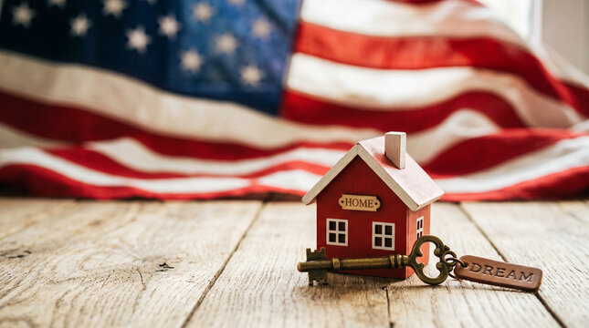 Small wooden house model and keys over an American flag background.