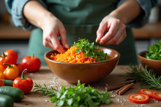 Close-Up of a Woman's Hands Elegantly Placing Vibrant, Freshly Chopped Vegetables into a Colorful Bowl Amidst Herbs and Spices on a Rustic Wooden Kitchen Table.