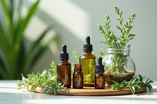 Design a tranquil, minimalist display of essential oils and fresh herbs elegantly contained in glass vessels, harmoniously set within a backdrop of vibrant greenery and organic elements.
