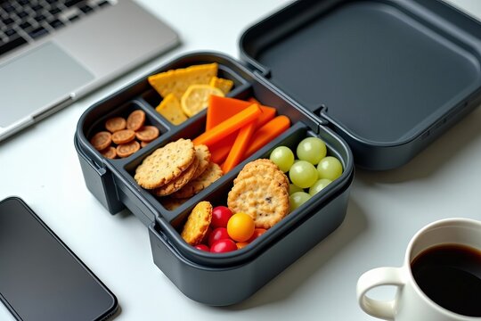Stylish Flat Lay of a Colorful Gluten-Free Snack Box on a Chic Office Desk Featuring a Laptop and Coffee Mug