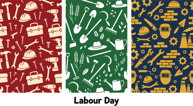 Labour Day Construction Farming Industrial Workers Tools Seamless Pattern Illustration Vector Poster Set for Holiday Design