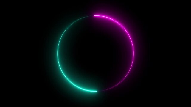 Round circle picture frame with two tone neon color shade motion graphic, shine ring. Halo around. Abstract neon light circle loading frame animation background.