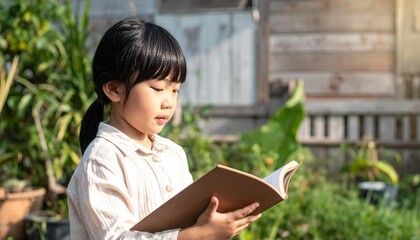 Fototapeta premium Young girl in light shirt reading a book outdoors
