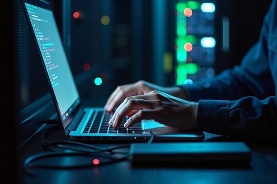 Intense Focus: Hands Typing on a Laptop Amidst the Flickering Lights and Cables of a Dimly Lit Server Room