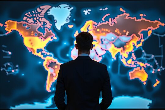 Businessman Stands Before a Vast Digital World Map Displaying Glowing Lines of International Bank Transfers and Currency Flows