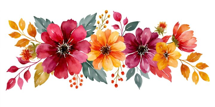 Autumn floral watercolor border with colorful leaves and berries