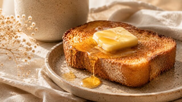 Toast with butter and honey on plate