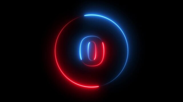 Neon glowing countdown timer 5 second animation. Circle countdown timer 5 sec animation on black background. 5 second countdown timer animation with neon number text. 5 to 0 with interesting circle.