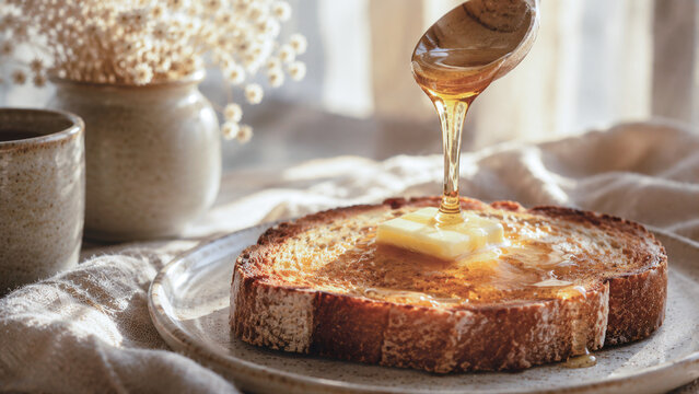 Honey drizzling on bread slice